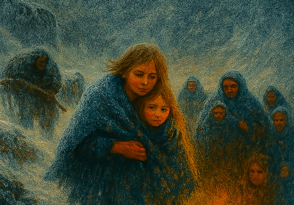 Pioneers huddled around a campfire in a blizzard